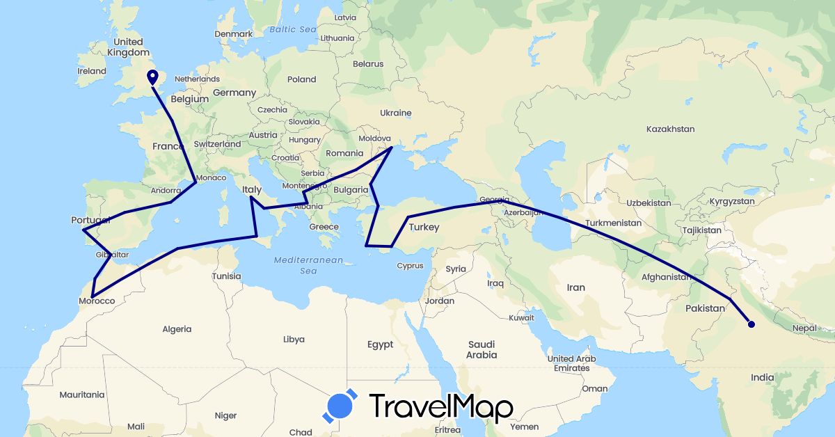 TravelMap itinerary: driving in Albania, Bulgaria, Algeria, Spain, France, United Kingdom, Georgia, India, Italy, Morocco, Montenegro, Pakistan, Portugal, Romania, Turkey, Ukraine (Africa, Asia, Europe)